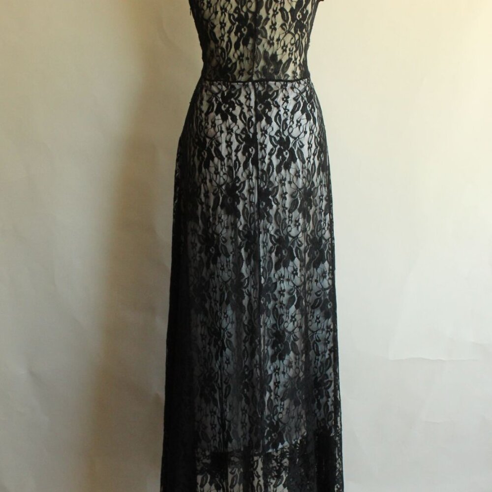 Black Lace Maxi Dress, Hi Lo Sleeveless Gown, Size Large - Picture 11 of 11